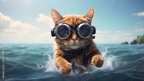 A cat jumps into the ocean while wearing diving goggles. Fantastical idea of summer, animals, and environment. AI generative.