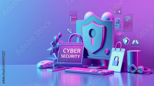 A vibrant 3D illustration featuring cyber security elements like shield, padlocks, and digital icons in a purple backdrop