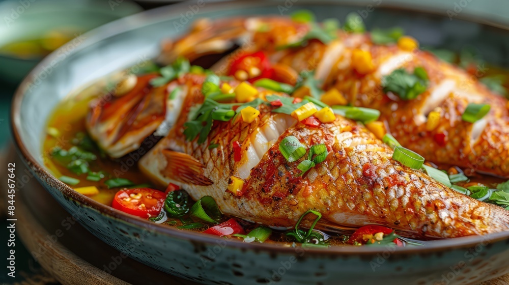 Close up view of cooked fish or curry fish suitable for promotion and advertisement Close up view of cooked fish or curry fish suitable for promotion and advertisement
