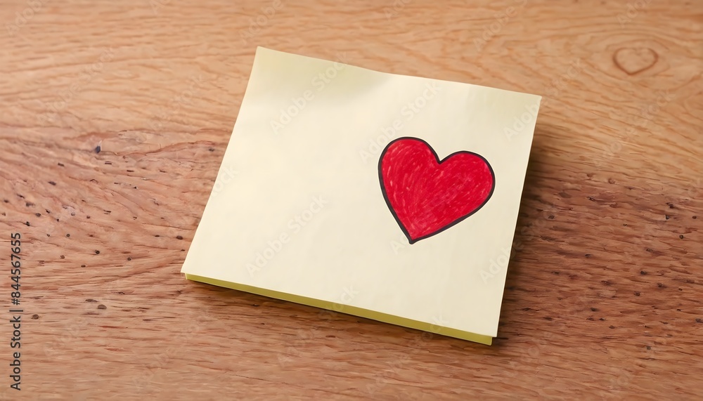 Red heart on a white note on a wooden table texture, expressing love and romance, with empty space Red heart on a white note on a wooden table texture, expressing love and romance, with empty space