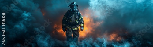 Firefighter in full gear walking through smoke on a dark background