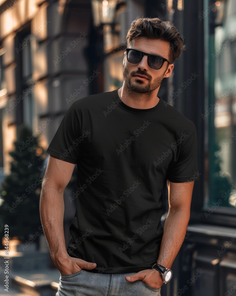 A young, fashionable man wearing sunglasses, a black t-shirt, and a wristwatch poses confidently on a city street with buildings in the background A young, fashionable man wearing sunglasses, a black t-shirt, and a wristwatch poses confidently on a city street with buildings in the background