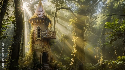 A whimsical tower in an enchanted forest, where sunlight creates a magical interplay of light and shadow. photo