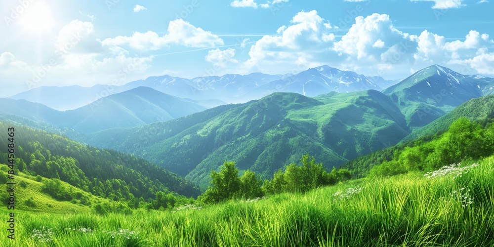 An expansive mountain range covered in lush greenery, bathed in sunshine, showcasing the natural beauty of the mountainous landscape under a clear sky. An expansive mountain range covered in lush greenery, bathed in sunshine, showcasing the natural beauty of the mountainous landscape under a clear sky.