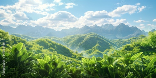 Vibrant green hills spread across the landscape with clear blue skies and bright sunlight, creating a serene and picturesque natural scene during daytime. photo