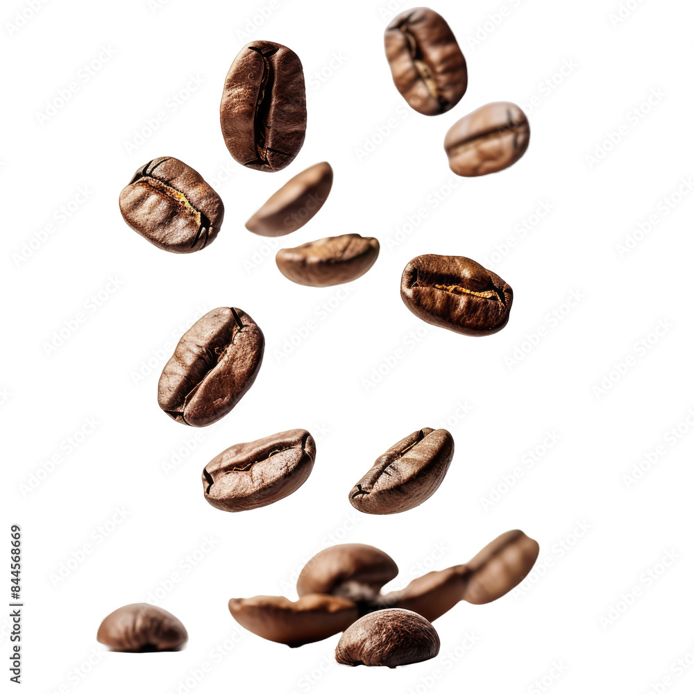 Coffee beans dropping on a group of beans on a white background Coffee beans dropping on a group of beans on a white background