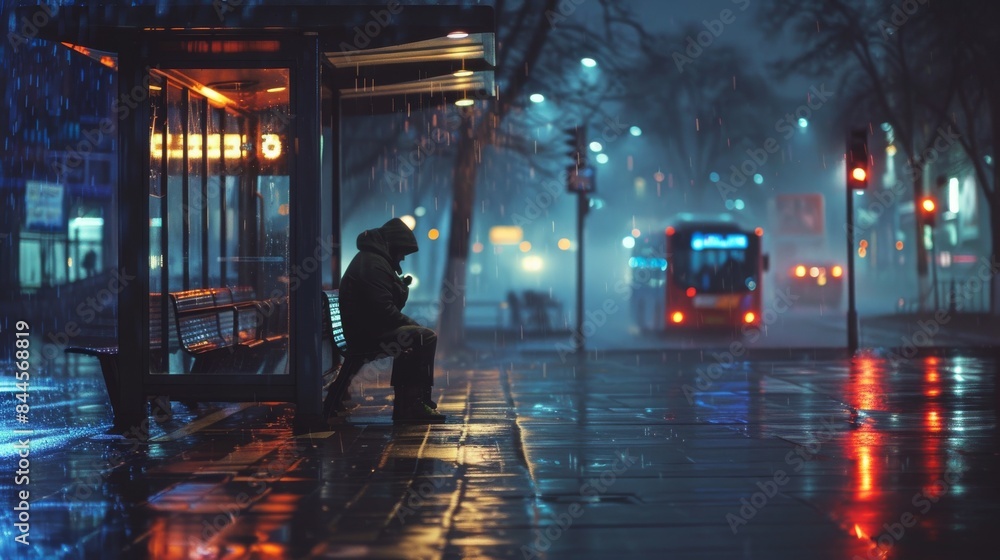 Naklejka premium A solitary figure sits under the illumination of a bus stop on a wet, reflective street at night, with city lights and a bus in the background