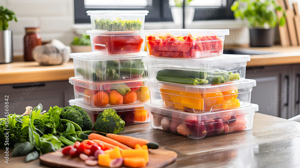 Stack of plastic containers with raw cut vegetables for freezing on kitchen table. Storage for winter storage in plastic containers. Healthy food storage boxes Stack of plastic containers with raw cut vegetables for freezing on kitchen table. Storage for winter storage in plastic containers. Healthy food storage boxes