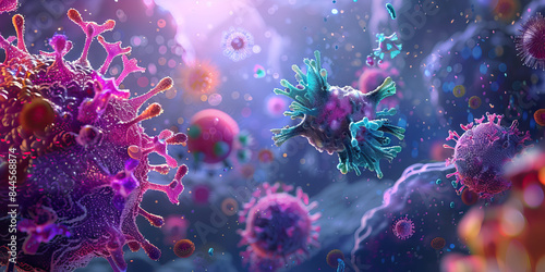 Virus host immune interaction microscopy cells and battle for health and wellness. Inside the body. © Lila Patel
