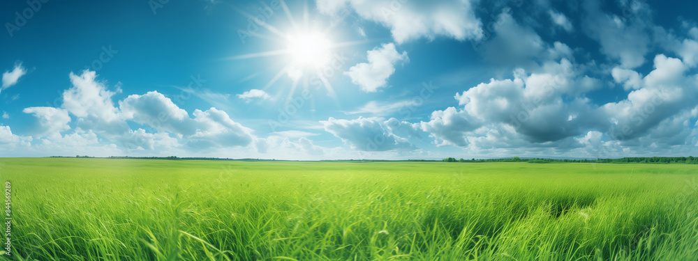 Nature landscape with green meadows, blue sky with clouds and mountains in the background. classic green landscape, Generative AI Nature landscape with green meadows, blue sky with clouds and mountains in the background. classic green landscape, Generative AI