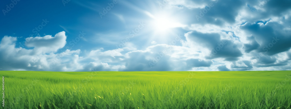 Nature landscape with green meadows, blue sky with clouds and mountains in the background. classic green landscape, Generative AI Nature landscape with green meadows, blue sky with clouds and mountains in the background. classic green landscape, Generative AI