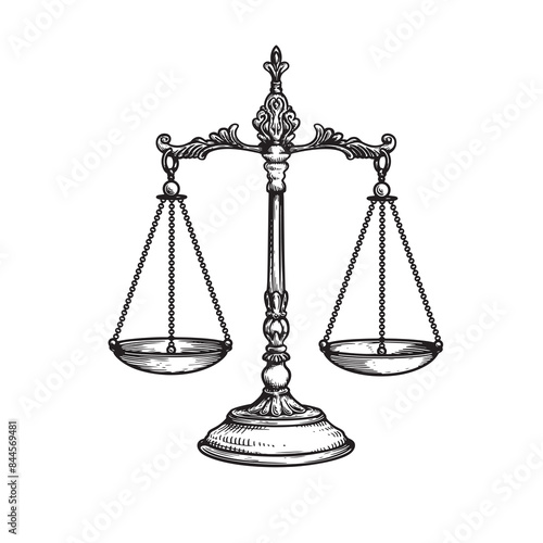 Vintage balance scales. Sketch hand drawn engraving retro style. Weighing, libra, justice symbol. Vector illustration isolated on white.