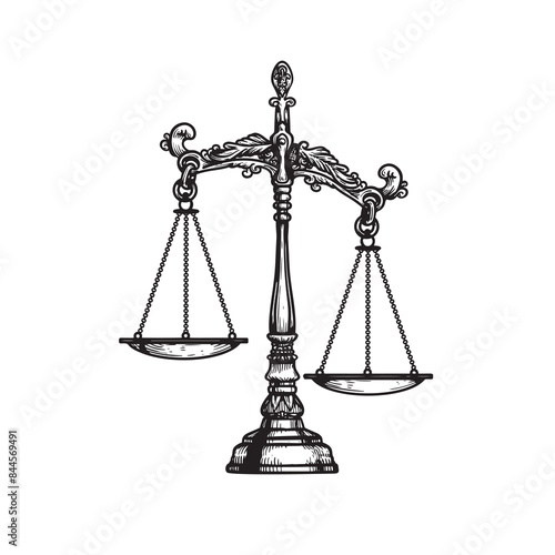 Vintage balance scales. Sketch hand drawn engraving retro style. Weighing, libra, justice symbol. Vector illustration isolated on white.