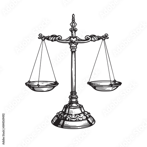 Vintage balance scales. Sketch hand drawn engraving retro style. Weighing, libra, justice symbol. Vector illustration isolated on white.