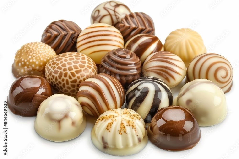 Elegant chocolate truffles with various designs, perfect for a sophisticated and delightful dessert display Elegant chocolate truffles with various designs, perfect for a sophisticated and delightful dessert display