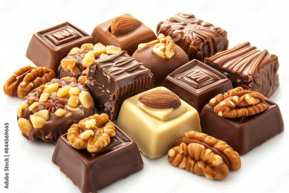 Assorted chocolate pralines with nut and caramel toppings, perfect for a rich and indulgent dessert experience Assorted chocolate pralines with nut and caramel toppings, perfect for a rich and indulgent dessert experience