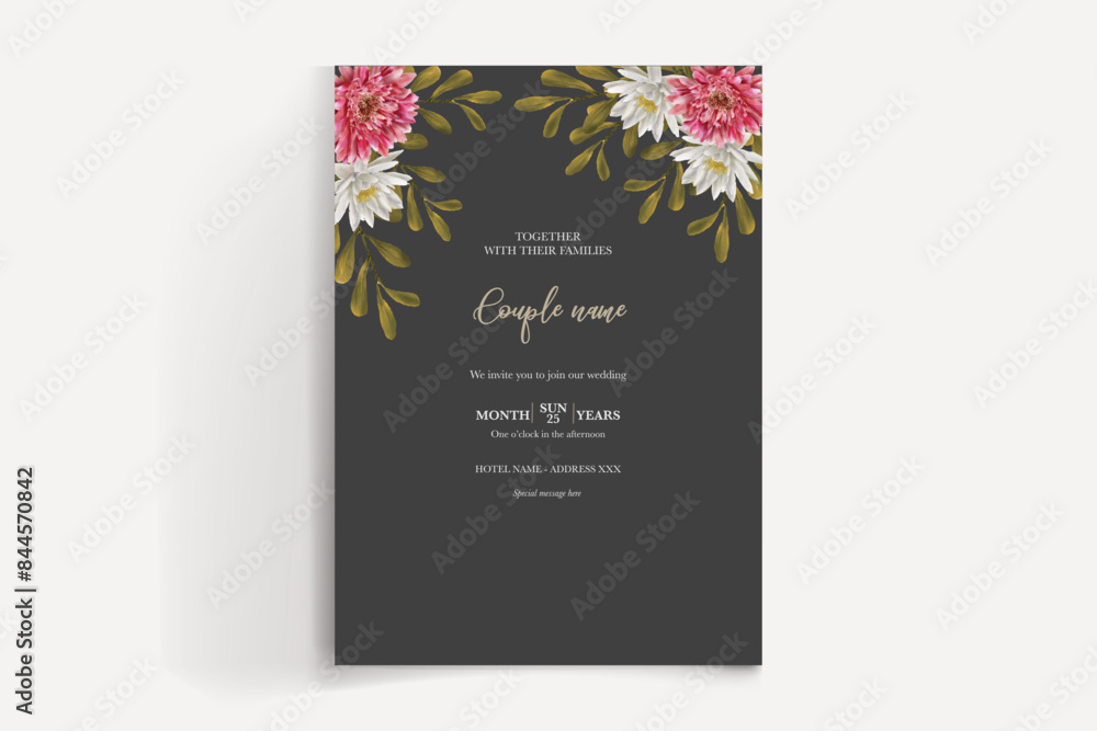 WEDDING INVITATION FRAME WITH FLOWER DECORATIONS AND FRESH LEAVES 