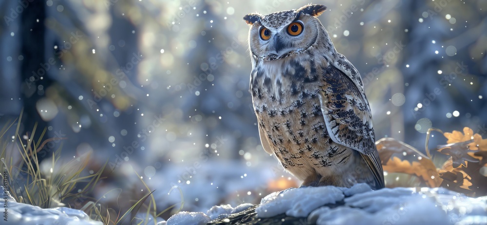 Christmas large owl is standing in the snow, looking to the right. The scene is peaceful and serene, with the snow covering the ground and the owl blending in with its surroundings Christmas large owl is standing in the snow, looking to the right. The scene is peaceful and serene, with the snow covering the ground and the owl blending in with its surroundings