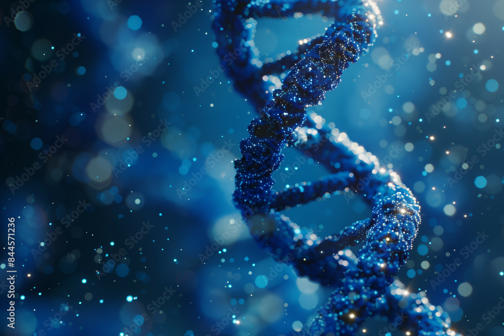 Stunning visualization of a double helix DNA structure illuminated by blue lights, showcasing glittering particles and bokeh effect in the backdrop Stunning visualization of a double helix DNA structure illuminated by blue lights, showcasing glittering particles and bokeh effect in the backdrop