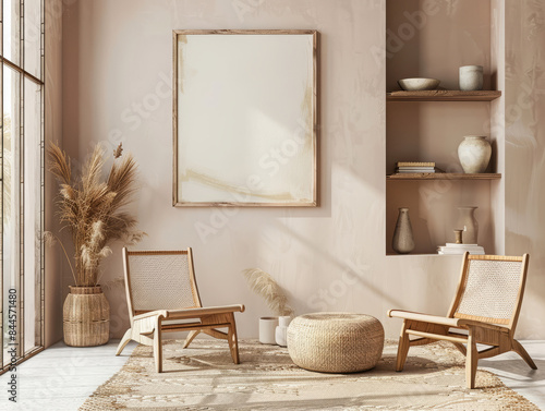 a living room with two chairs and a rug photo