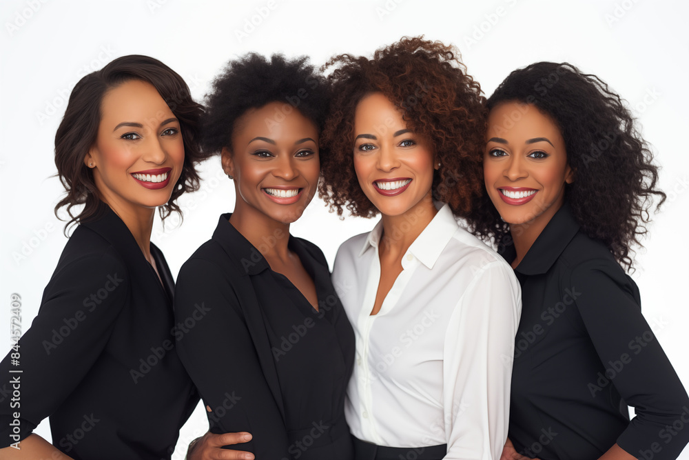 Group of smiling black businesswomen at work on white background. Women in suits at work. Boss women. Political woman. Image for graphic designer. Business world. Job recruitment. Africa. Black women. Group of smiling black businesswomen at work on white background. Women in suits at work. Boss women. Political woman. Image for graphic designer. Business world. Job recruitment. Africa. Black women.