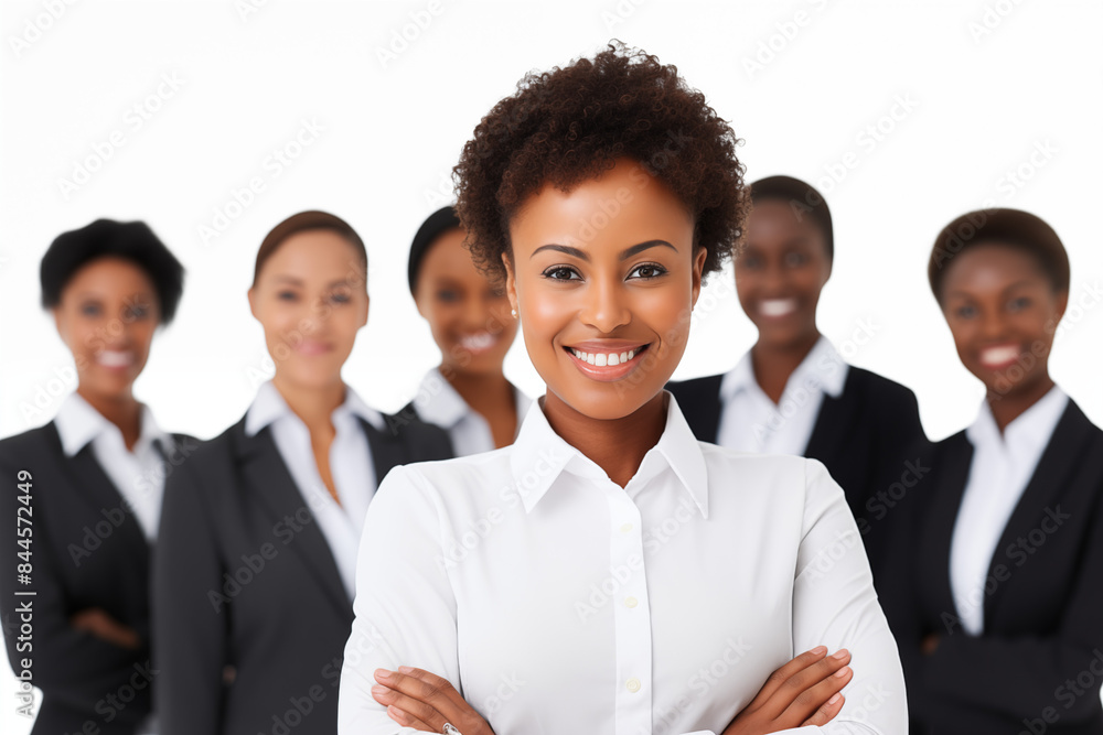Group of smiling black businesswomen at work on white background. Women in suits at work. Boss women. Political woman. Image for graphic designer. Business world. Job recruitment. Africa. Black women. Group of smiling black businesswomen at work on white background. Women in suits at work. Boss women. Political woman. Image for graphic designer. Business world. Job recruitment. Africa. Black women.