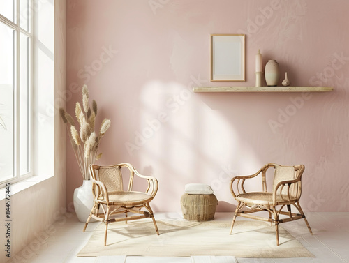 a pink room with two chairs and a vase photo