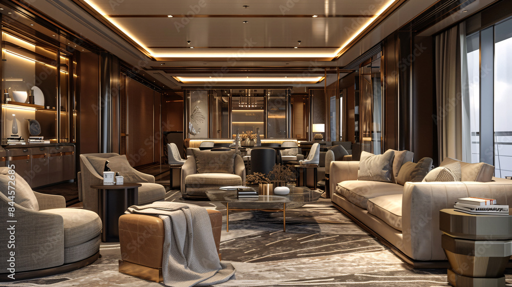 Fototapeta premium Sumptuous lounge on a cruise ship, designed for relaxation and socializing, plush interiors