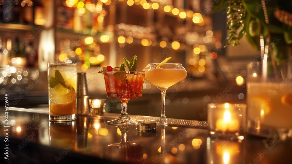 A chic bar scene with a variety of signature cocktails, beautifully garnished and presented on a sleek counter, evoking a stylish night out A chic bar scene with a variety of signature cocktails, beautifully garnished and presented on a sleek counter, evoking a stylish night out
