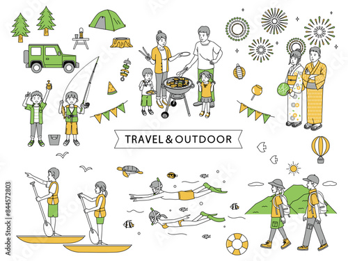夏の旅行、アウトドアのイラストセット