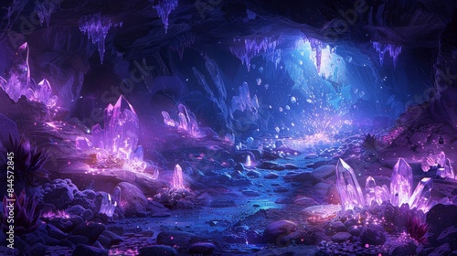 A mystical potion brewing in a hidden cave, illuminated by glowing crystals and guarded by mythical creatures.