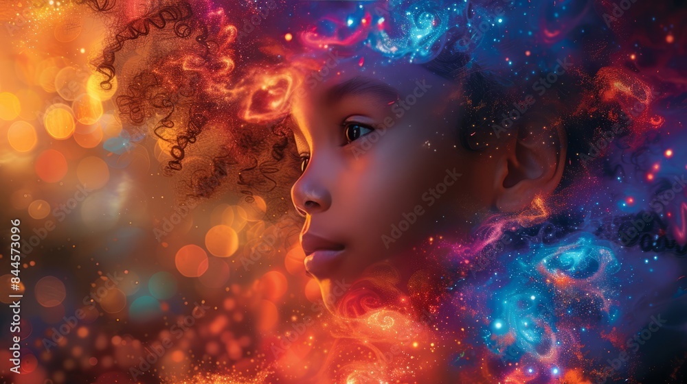 A young black skin girl with curly hair in a colorful, abstract space. The image is a representation of the girl's inner thoughts and emotions, emotional intelligence A young black skin girl with curly hair in a colorful, abstract space. The image is a representation of the girl's inner thoughts and emotions, emotional intelligence