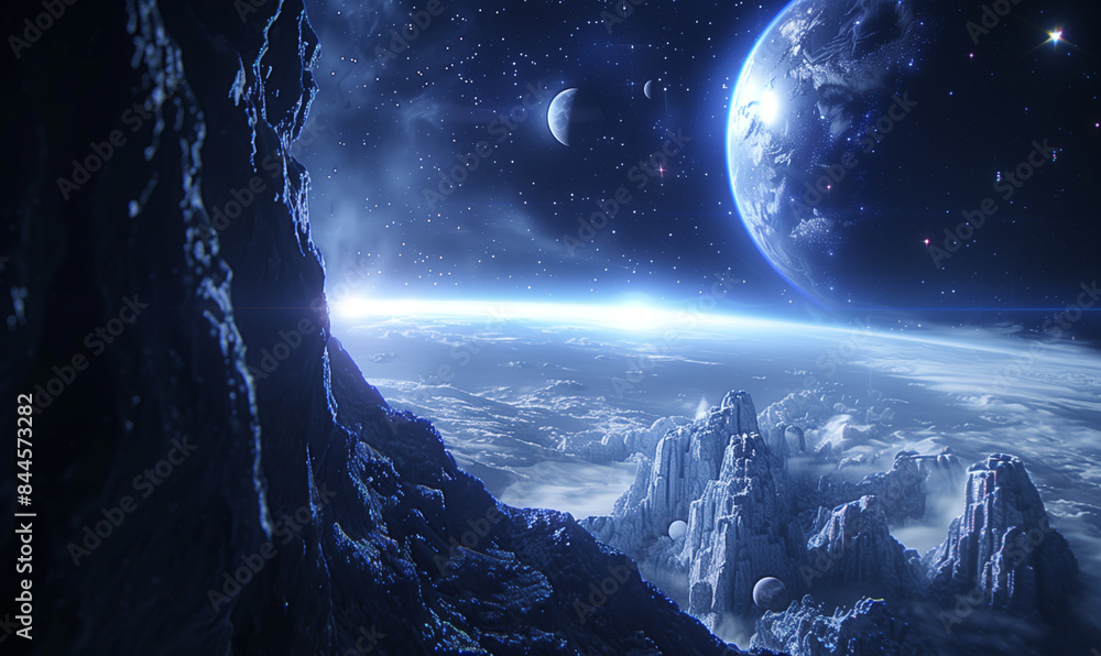 Explore the ethereal beauty of deep space where blue planets and cosmic marvels captivate the imagination, AI generated illustrations of science fiction in space Explore the ethereal beauty of deep space where blue planets and cosmic marvels captivate the imagination, AI generated illustrations of science fiction in space