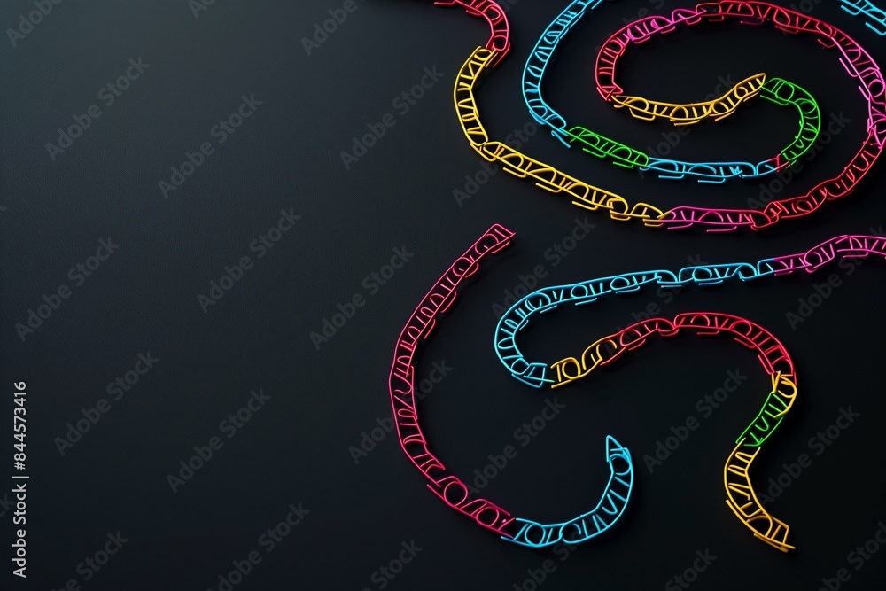 Fototapeta premium A minimalist display of brightly colored paper clips arranged in a spiral pattern on a matte black background, creating a striking visual,