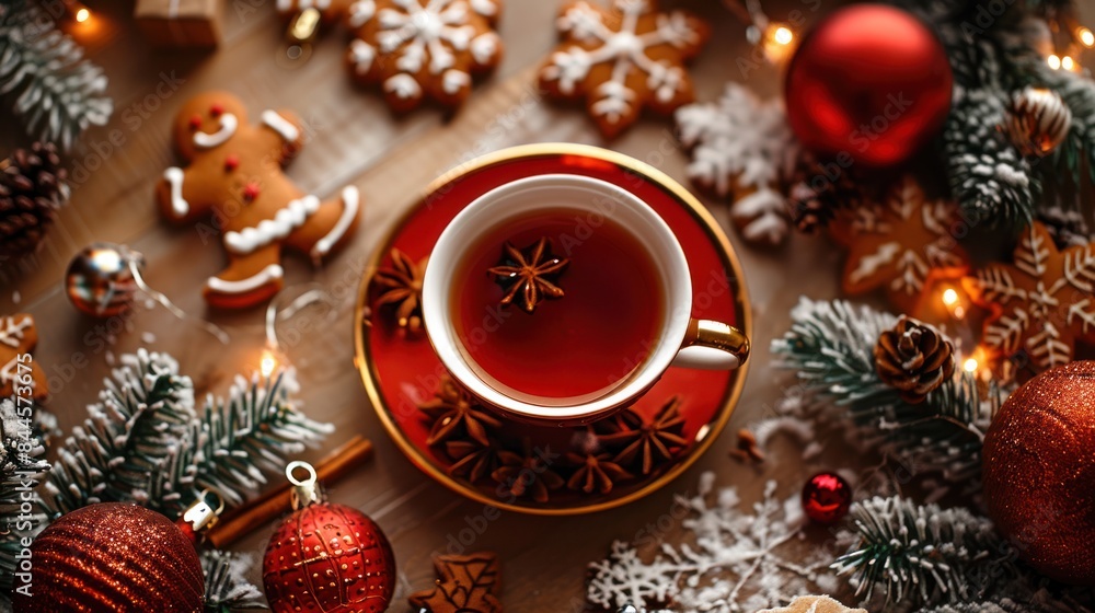 A festive holiday tea scene with a cup of spiced tea, surrounded by holiday decorations and gingerbread cookies A festive holiday tea scene with a cup of spiced tea, surrounded by holiday decorations and gingerbread cookies