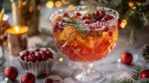 A festive holiday punch bowl with colorful cocktails and seasonal garnishes, capturing the joy and warmth of a holiday celebration photo