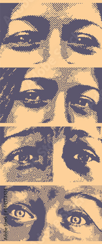 Top part of the woman face front view. Halftone style