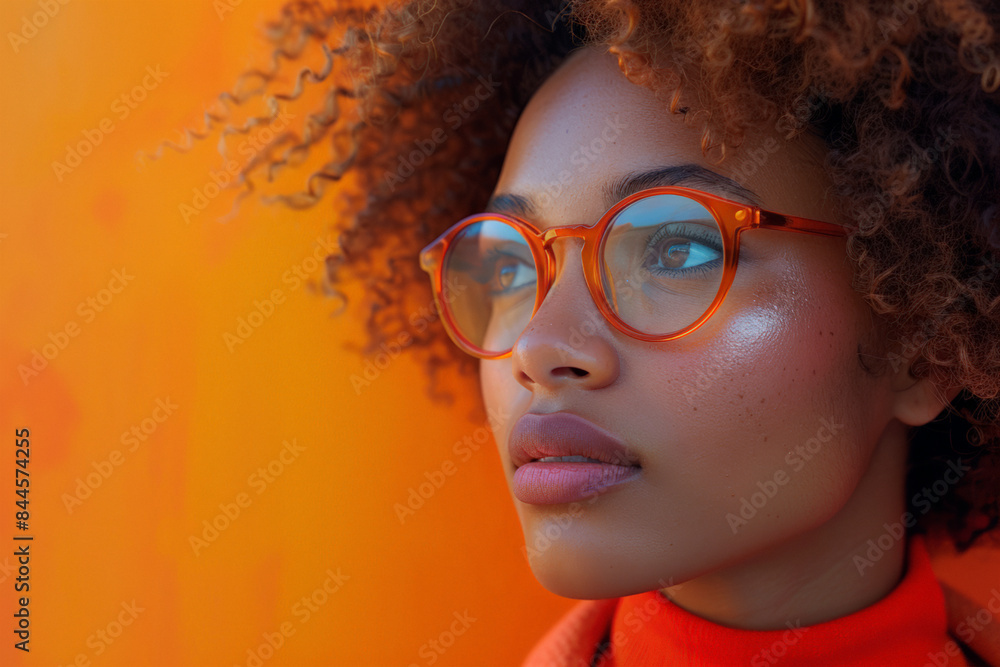 A woman with curly hair and glasses stares upwards against a bright orange wall A woman with curly hair and glasses stares upwards against a bright orange wall