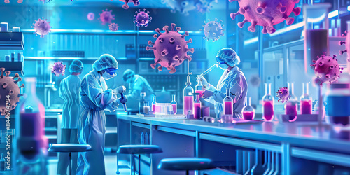 Antiviral Drug Development: A laboratory scene with scientists developing antiviral drugs to combat the novel virus, using techniques such as drug screening, molecular modeling, and testing in cell c