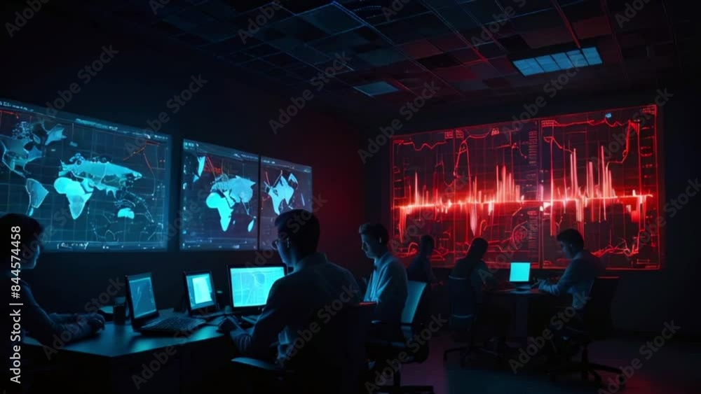 A group of people are sitting in a dark room looking at computer screens and large displays that show maps and graphs of data. A group of people are sitting in a dark room looking at computer screens and large displays that show maps and graphs of data.