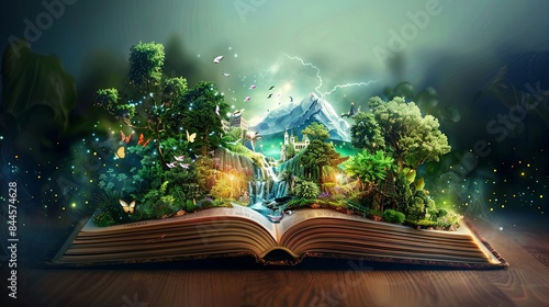 An open book transforms into a vivid, magical landscape featuring lush forests, waterfalls, butterflies, and a distant castle under a sky