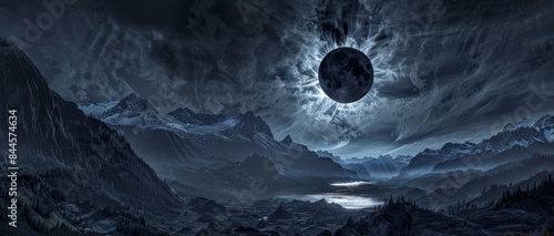 Dark, ominous sky with a large black orb over a mountain range. photo