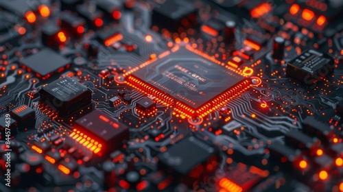 A close-up view of an illuminated central processing unit (CPU) on a computer motherboard with red lighting