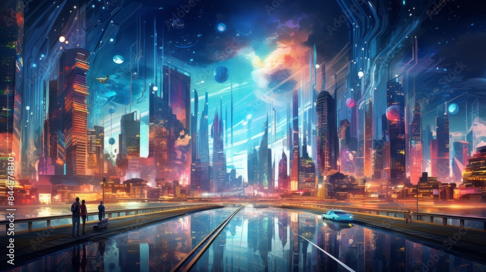 A futuristic cityscape illuminated by vibrant neon colors, with advanced skyscrapers, flying cars, and holographic advertisements, blending technology with bright, vivid hues A futuristic cityscape illuminated by vibrant neon colors, with advanced skyscrapers, flying cars, and holographic advertisements, blending technology with bright, vivid hues