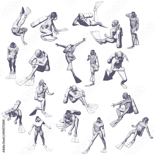 Silhouettes of diver. Set of diver icons. The concept of sport diving. Vintage engraved illustration