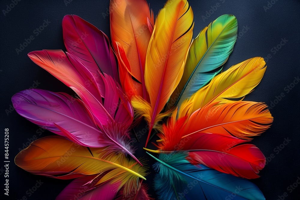 An arrangement of brightly colored feathers in a circular pattern on a smooth black background, each feather's vibrant hue contrasting sharply with the dark surface, An arrangement of brightly colored feathers in a circular pattern on a smooth black background, each feather's vibrant hue contrasting sharply with the dark surface,