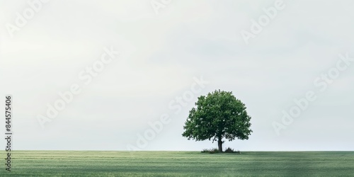 A lone tree stands firmly in a vast green field under an overcast sky, symbolizing resilience, calmness, and the persistent beauty of nature despite the changes in the environment. photo