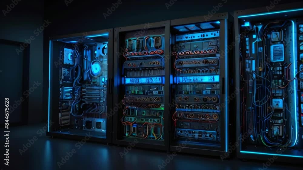 A dark room with multiple server racks containing many blinking lights and colorful wires. A dark room with multiple server racks containing many blinking lights and colorful wires.