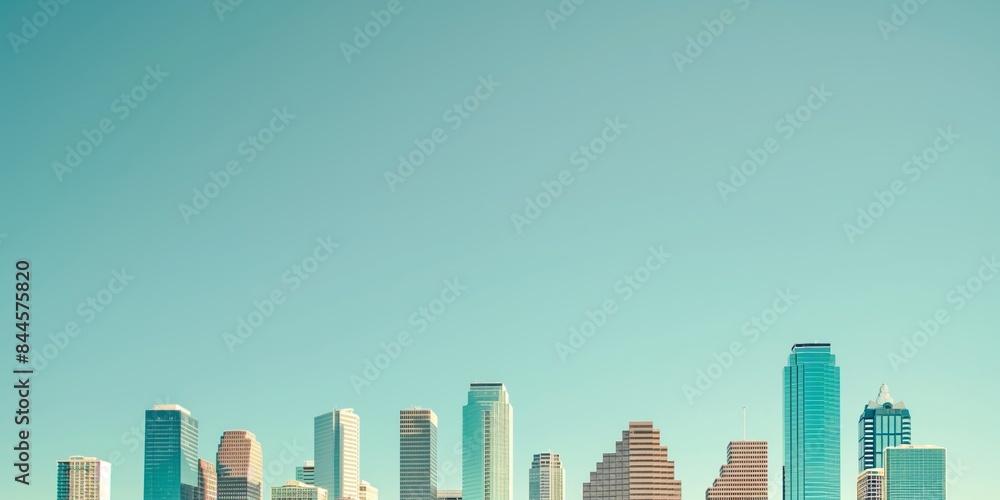 Fototapeta premium This picture shows a serene city skyline with numerous modern high-rise buildings reaching towards a clear blue sky, creating a sense of calm and progress.