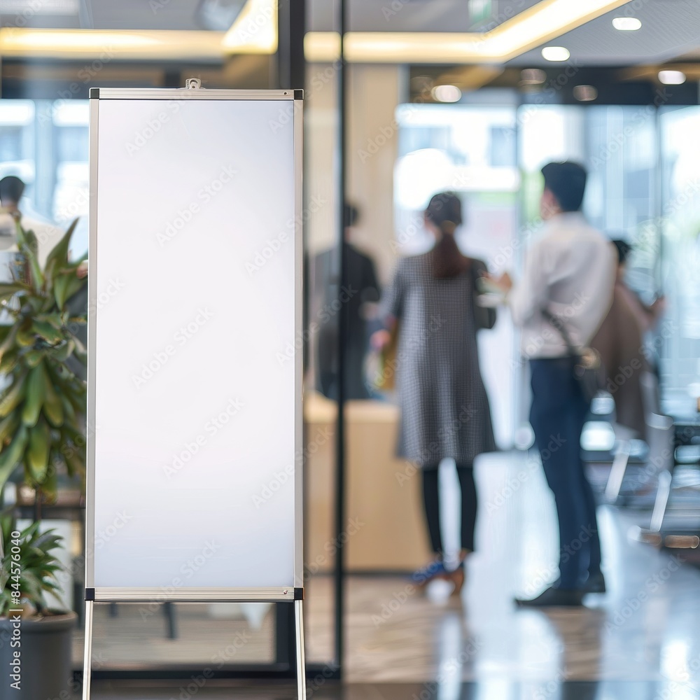A blank white roll-up banner display inside an office with blurred people in the background, offering space for advertisement or information A blank white roll-up banner display inside an office with blurred people in the background, offering space for advertisement or information